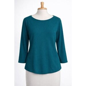Chico's Women Size 2 Teal Knit Top 3/4 Sleeve Boat Neck Rayon Blend Stretch